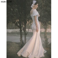 kaunissina white mermaid wedding gowns short sleeve square collar floor length satin elegant wedding dresses simple bride dress
