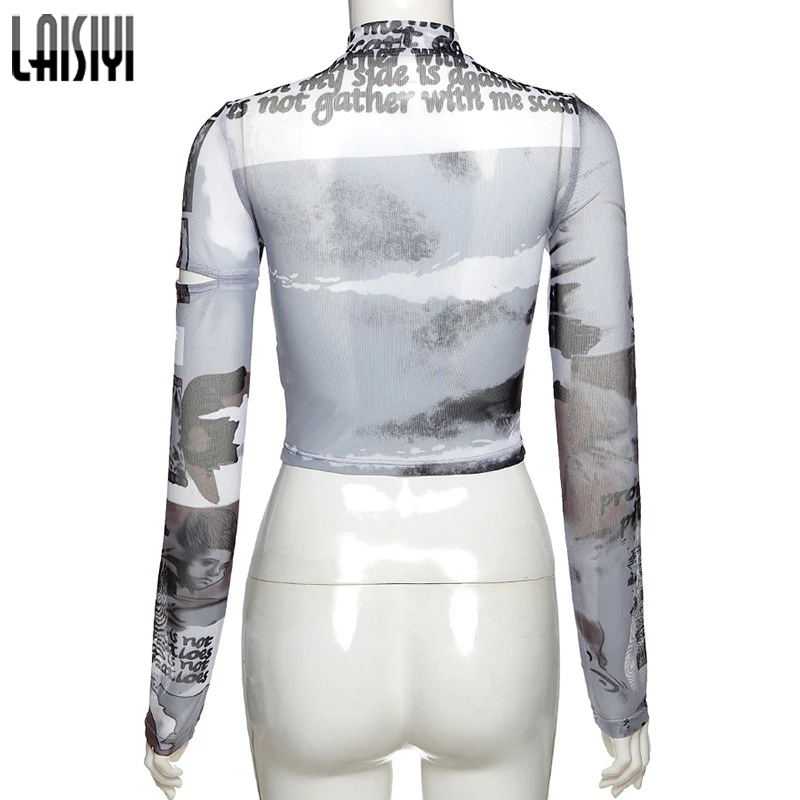

LAISIYI Casual Pullover Chic Letter Graphic Half High Neck Hollow Crop Top Fall See Through High Street Y2k Top T-Shirt Women