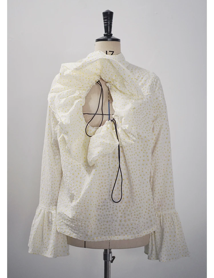 WHITNEY WANG Blouses 2020 Spring Fashion Streetwear Hollow Out Drawstring Floral Polka Blouse Women Blusas Lady Shirt Top | Женская