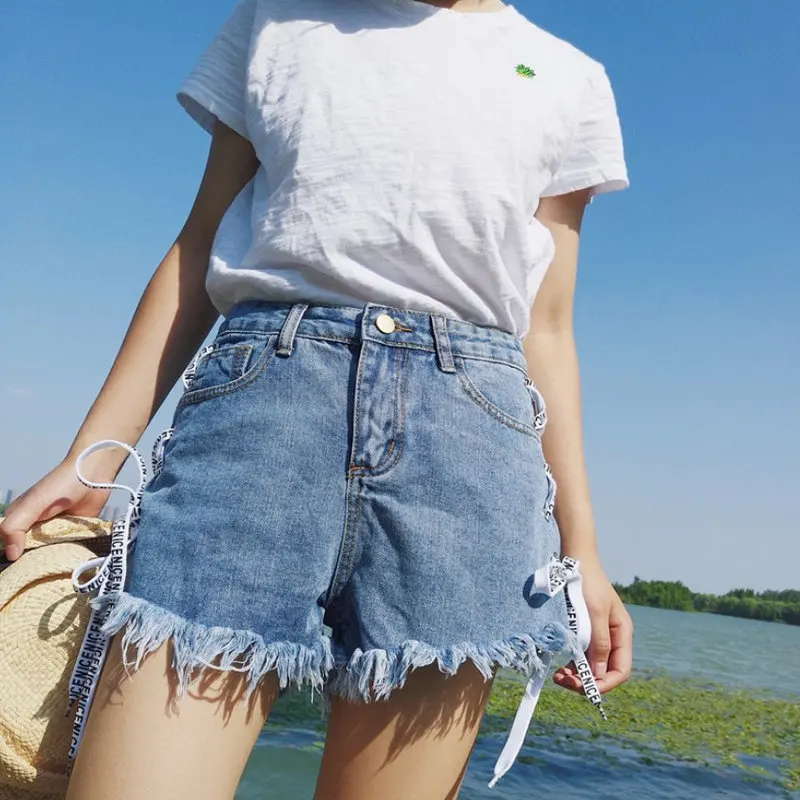 Модные джинсовые шорты лето 2020 новая мода высокая талия веревка дикий тонкий