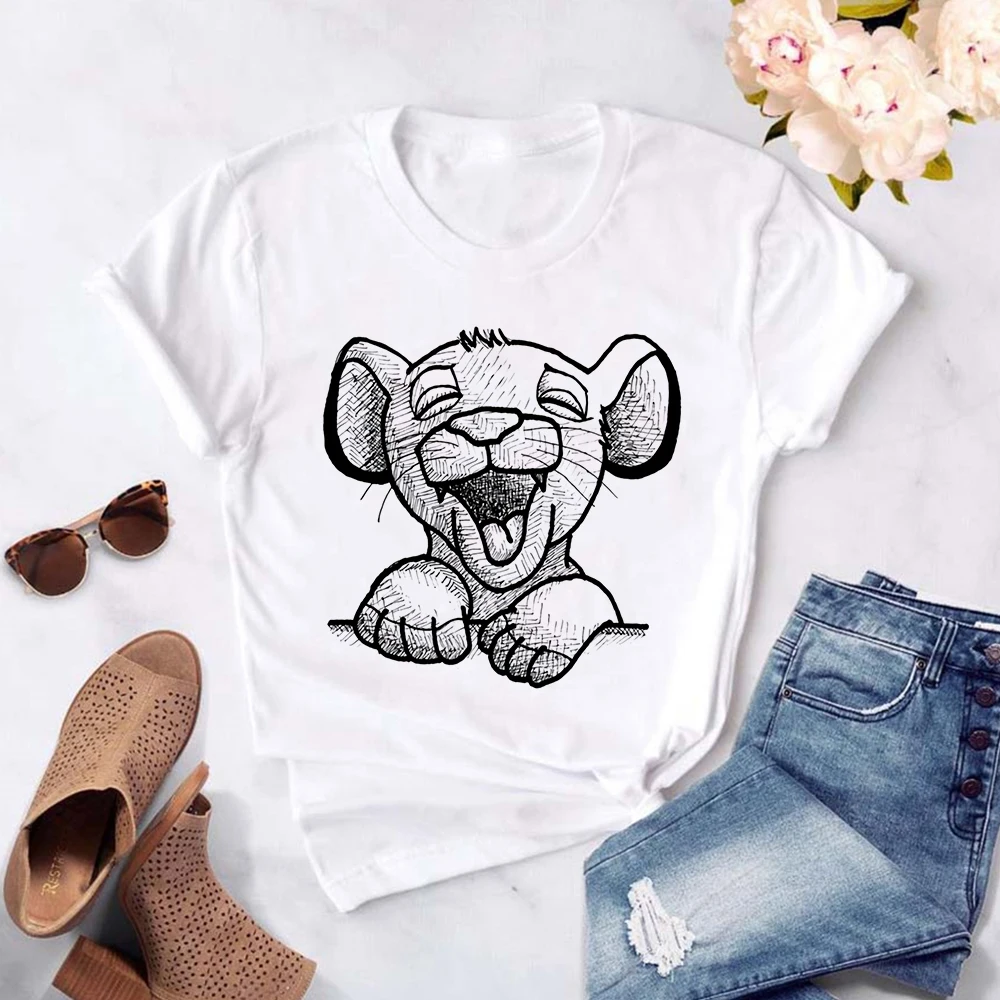 

Disney Simba Printed Harajuku Vintage T-shirt The Lion King 90s Women T shirt Round Neck Comfy Clothes Aesthetic Summer Loose