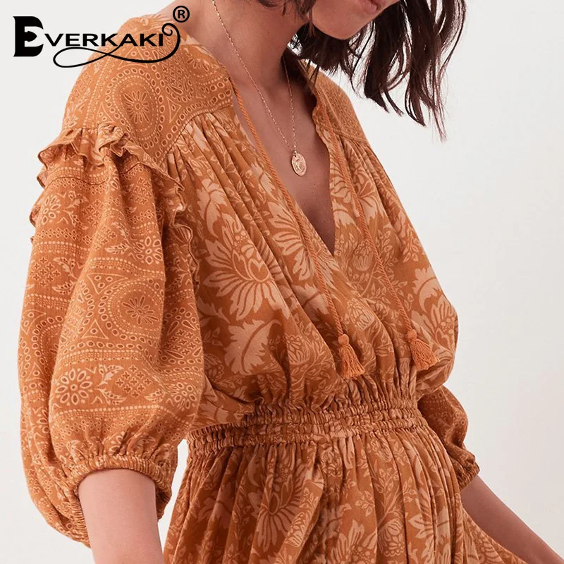 Everkaki Boho Женское Платье макси с принтом и оборками эластичная резинка на талии