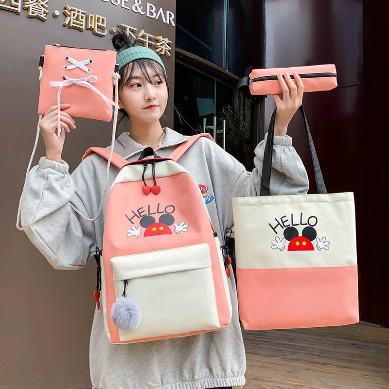 

4 Piece Set Women Backpack Canvas 15.6 Inch Laptop Backpack High Quality School Bag For Teenage Girls Female Mochila Mucjer