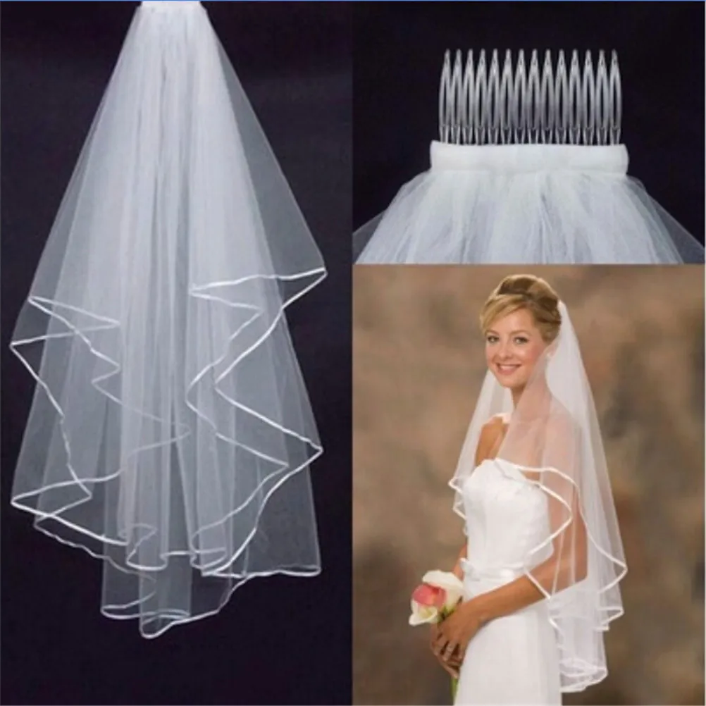 

1pc Elegant Beauty Two Layers Short Net Tulle Bride Veil Long Lace Edge