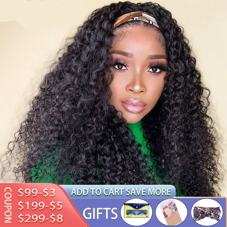 

Human Hair Headband Wig Kinky Curly Headband Wigs Remy Hair Indian Human Hair Wigs for Women Full Machine Gluess Scarf Wig
