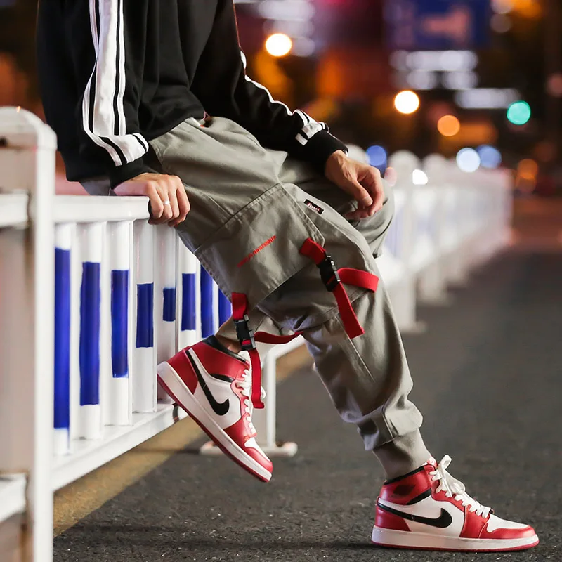 

Streetwear Ribbons joggers men Cotton Multi-Pocket Harem Pants Men Novel Spring New Ankle-length Trousers Men