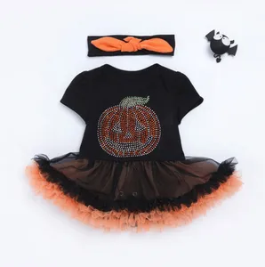 Новый Ромпер на Хэллоуин, платья для новорожденных высокого качества для маленьких девочек Комбинезон с юбкой-пачкой и с бантом и повязка на голову, комплект одежды