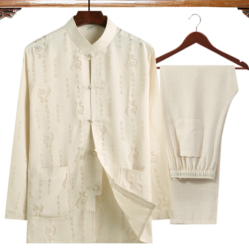 

Tang Suit Men'S Long-Sleeved Cotton Linen Suit Shirts Middle-Aged T-Shirt Casual Chinese Large Size Hanfu Spring Summer Dad Suit