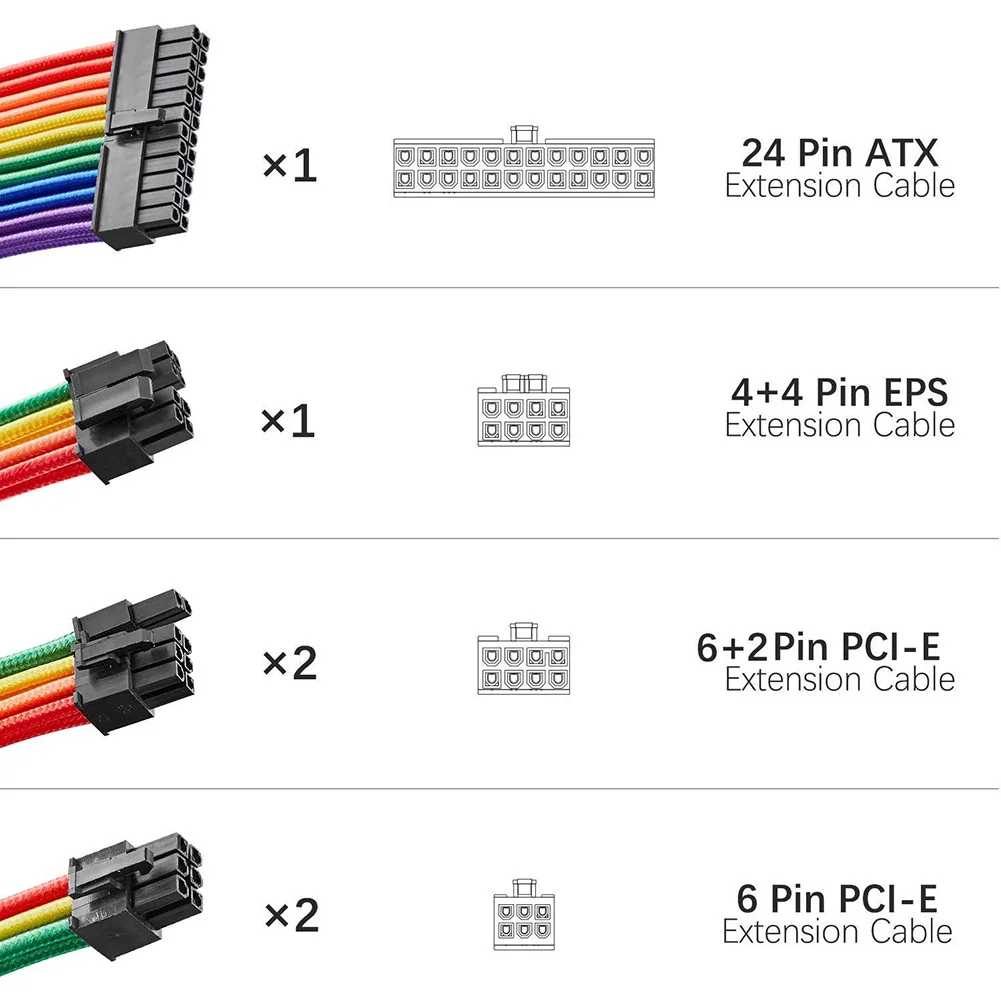 12 дюймов PC компьютер рукавами удлинитель питания комплект кабеля 18AWG 24Pin ATX 4 + 4Pin EPS
