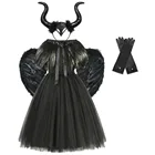 Черное платье Evil Queen, костюм на Хэллоуин, готический костюм темной ведьмы, королевы, платье-пачка для девочек с накидка с перьями, сказочный ребенок, костюм малефисенты