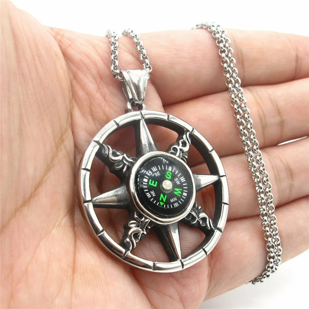 

Vintage Mens Working Nautical Compass Necklace Pendant Stainless Steel