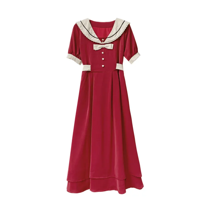 

French First Love Terrier Dress Women's Summer New High Waist A-line Skirt Little Black Red Apricot Navy Collar