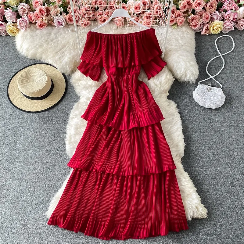 

Chidrizawa Bohemian Elegant Sexy Slim Fairy Dress Women Fashion Slash Neck Short Sleeve Cake Vestidos Girls Knee-Length Robes
