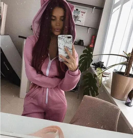 Комбинезон женский с капюшоном на молнии повседневный свободный спортивный