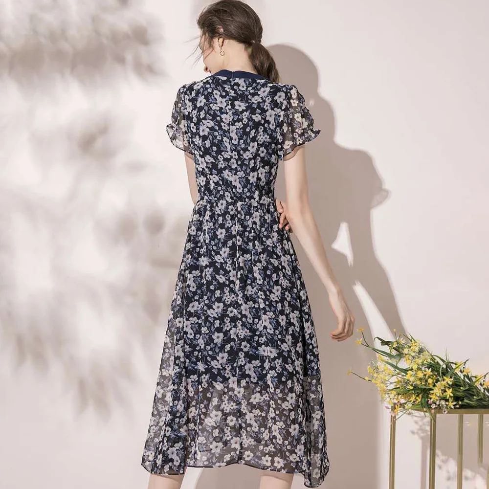 

High Quality Chiffon Dress 2020 Summer Style Woman Elegant Little Flower Print Short Sleeve Mid-Calf Dark Blue Dress Female