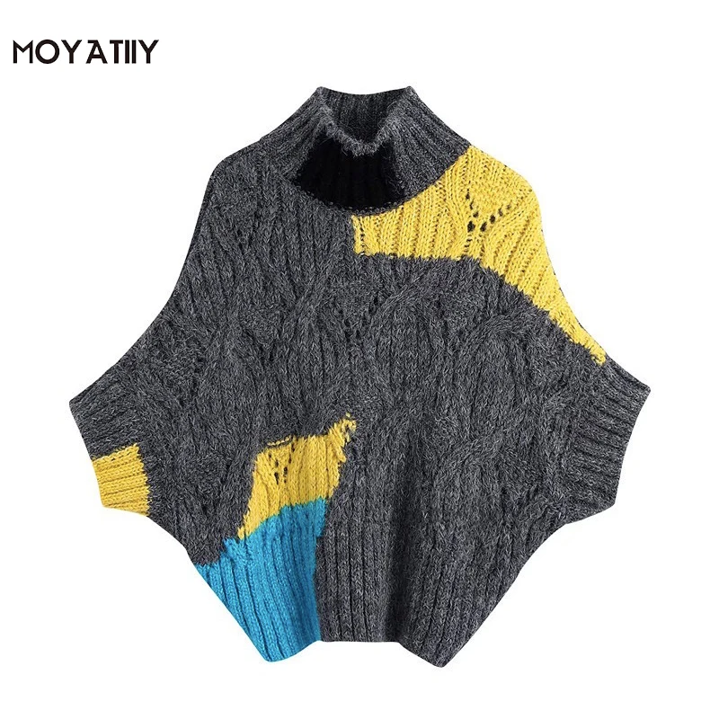 

MOYATIIY женский 2021 модный лоскутный Свободный вязаный жилет свитер винтажный пуловер с высоким воротником жилет с коротким рукавом женские то...
