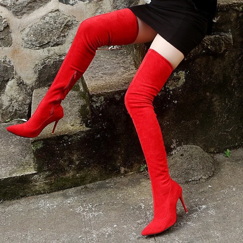 

Pointed high heeled knee high boots women's autumn winter 2020 new large 43 suede fine heeled elastic boots Plush boots