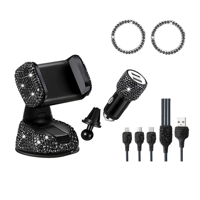 5 pack bling rhinestones cell phone set car phone mount holder charger charging cable for iphone ipad android car accessories free global shipping