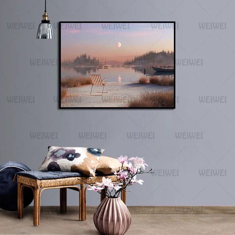 

Modern Style Murals Lake Moon Chair Ferry Frameles Poster Home Residential Bedroom Decoration Living Room Canvas Painting