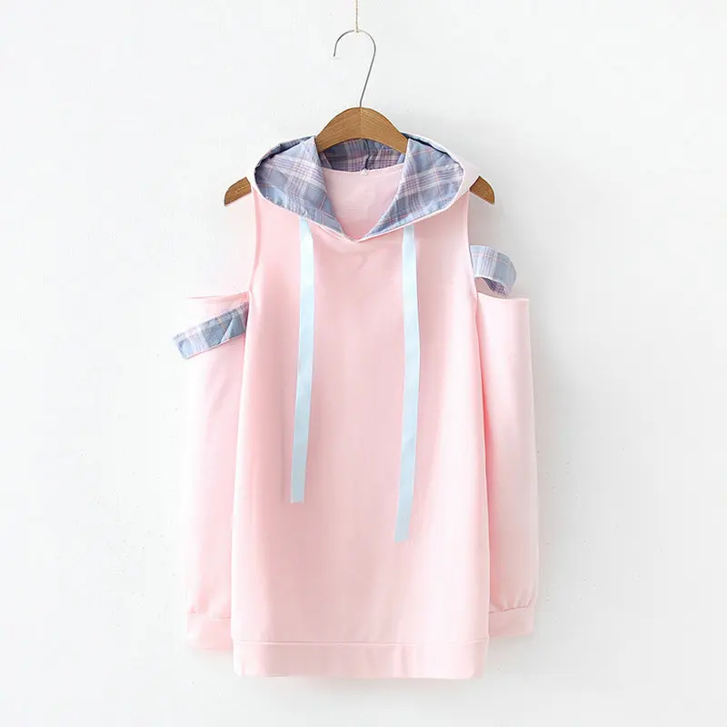 2020 Women Harajuku Hoodies Japan Style Solid Color Off-the-shoulder Kawaii Hooded Loose Mid-length Long Sleev Sweatshirts