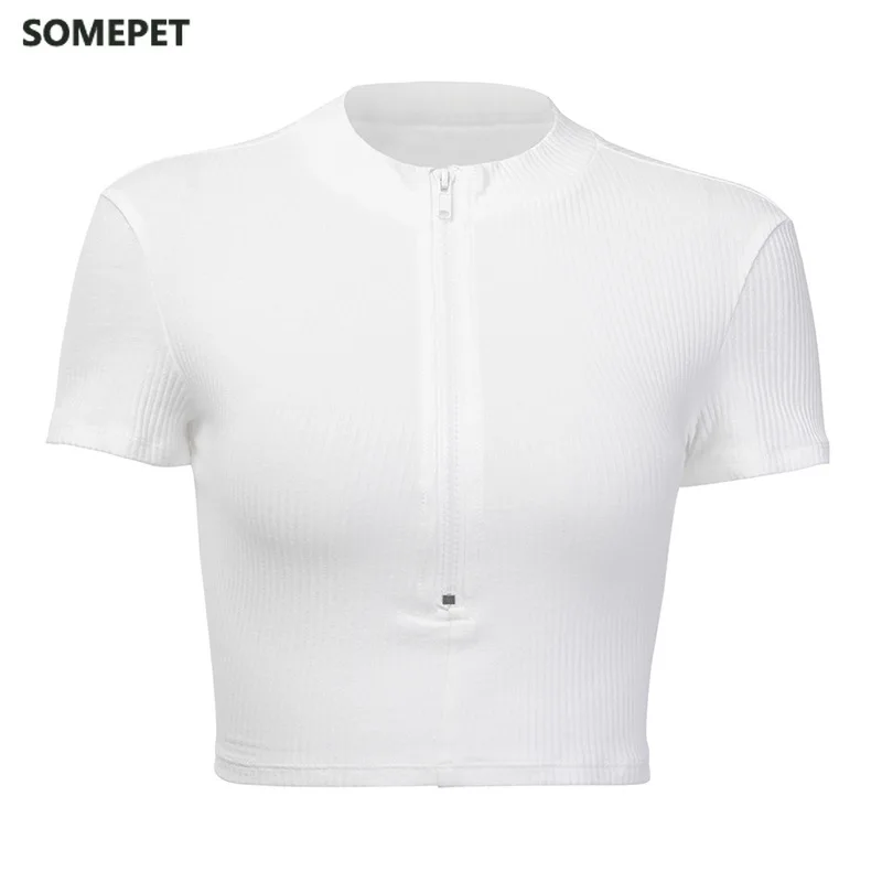 

Zipper Tanks Crop Top White Women V-Neck Fashion New Slim Short Sleeve Elastic Ribbed Casual Basic Ladies Sexy Cropped