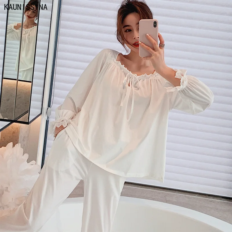 

Women's 100% Cotton Pajama Long Sleeve Tops Long Pants Two Piece Sets Female White Lace Princess Style Sleepwear Home Suits