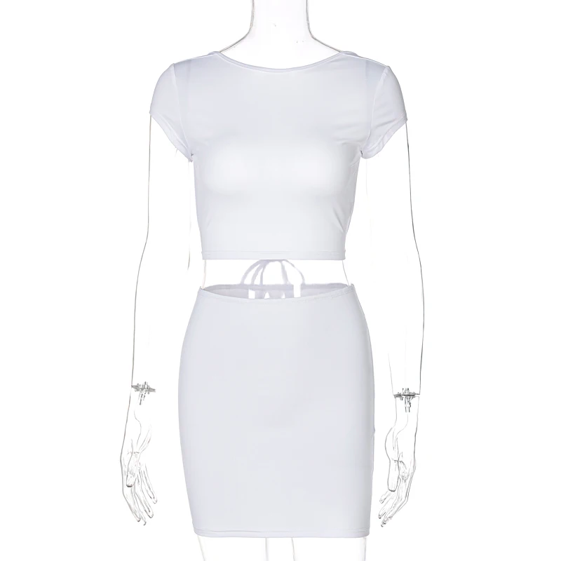 

Dulzura Women 2 Piece Set Short Sleeve T Shirt Lace Up Backless Mini Skirt Bodycon Sexy Streetwear Elegant 2021 Summer Tracksuit