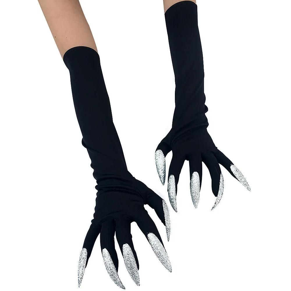 

Black Silver Glitter Nail Monster Claws Long Elbow Gloves For Goth Punk Lolita Harajuku Cosplay Halloween Stage Dance Show