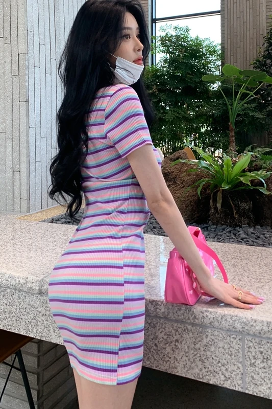 

Women Dress Summer 2021 New Brief Office Lady Korea Style Casual Striped Knitting Short Sleeve Square Collar Dresses Traf Robe
