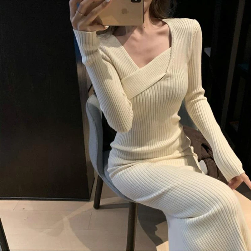 

Slim Split Sweater Dress Korean Long Sleeve Square Collar Knitted Dress Autumn Winter Sexy Sheath Dress Office Lady Design X900