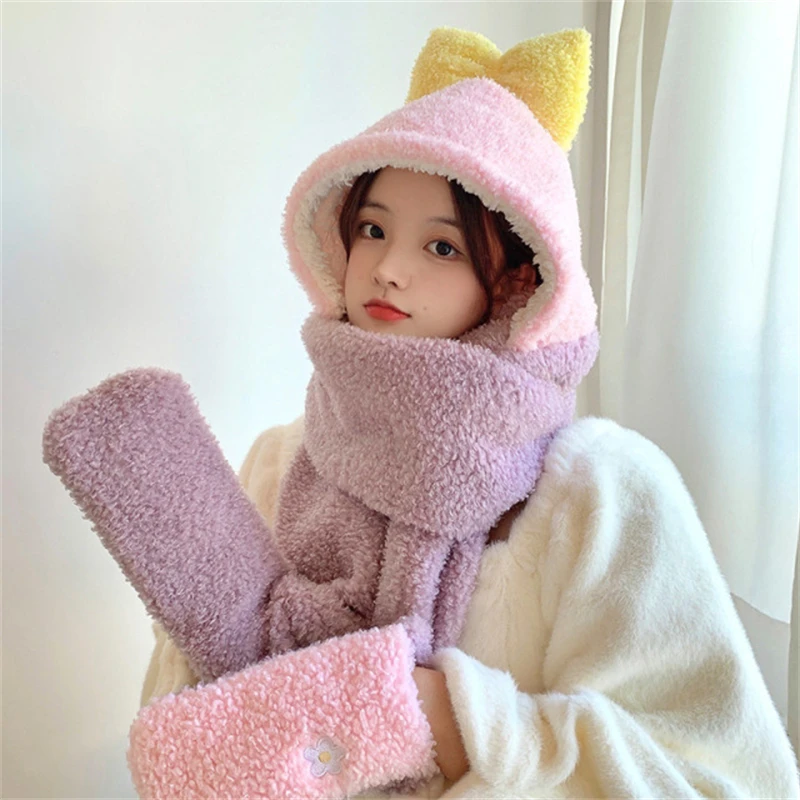 

Hat female 2021 winter cute bear warm hat scarf gloves one thick plush three-piece set of cold-proof ear protection cycling cap