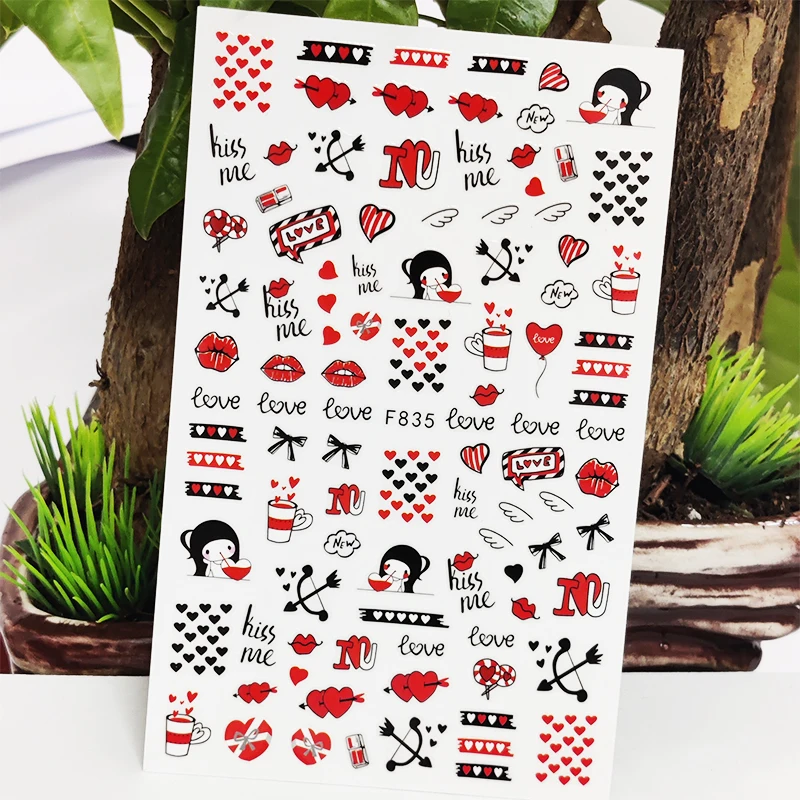 

3D Nail Stickers Love Heart Stripe Lip Couples Valentine's Day Design Manicure Stickers Decals Nail Art Decoration Accessories