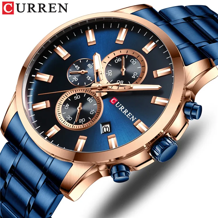 blue CURREN новые часы мужские модные спортивные часы из нержавеющей стали Кварцевые наручные часы Военные хронограф мужские водонепроницаемые 8348 - Цвет: blue