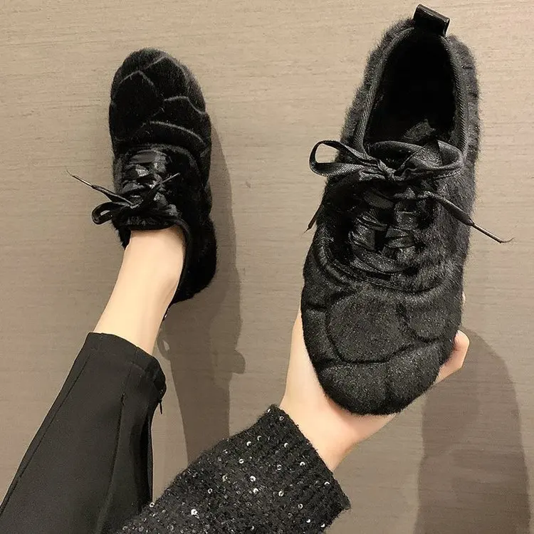 

Round Toe Loafers Fur All-Match Shoes Woman Flats Shallow Mouth Casual Female Sneakers Modis Autumn Dress New 2021 Winter Fall F