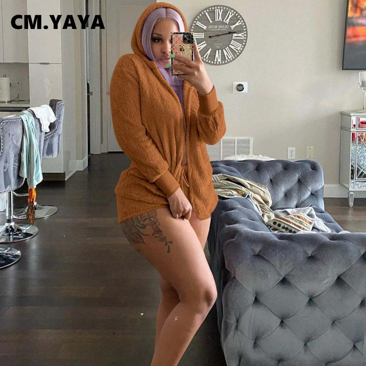 Женский флисовый спортивный костюм CM.YAYA, зимний и Весенний костюм из двух предметов, юбка-молния и шорты, комплект из двух предметов