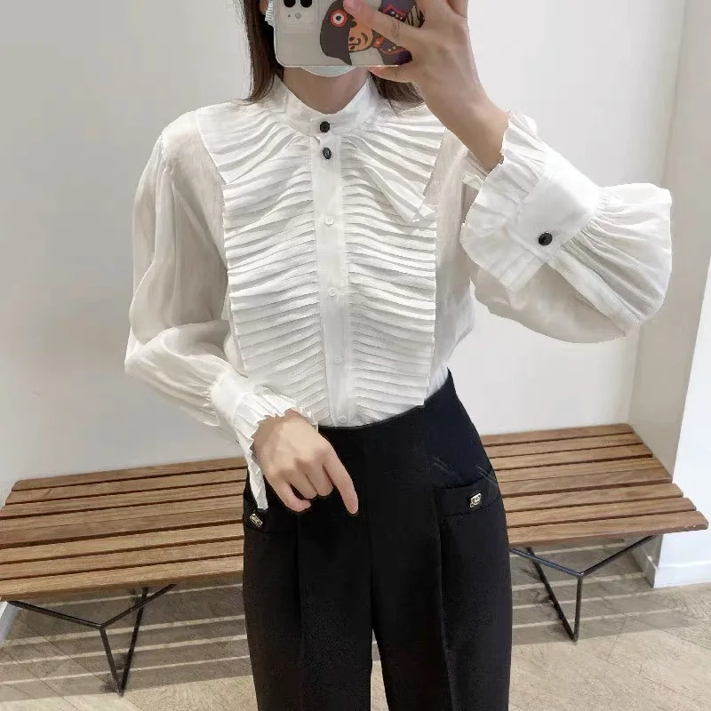 

Women White Shirts Long Sleeve Spring Autumn Stand Collar Blouse Pleated Office Ladies Single Breasted Blouse