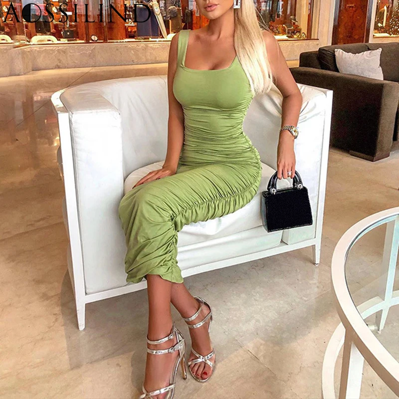 

AOSSILIND Sexy Geen Sleeveless Bodycon Long Dress 2020 Women Spring Summer Pleated Skinny Party Club Midi Dresses