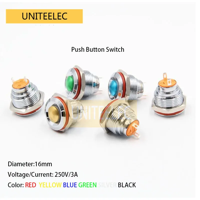 

UNITEELEC Red/Yellow/Green/Blue/Silver Self-locking Metal Diameter 16mm Reset Push Button Switch 2 feet UTHJ-16E
