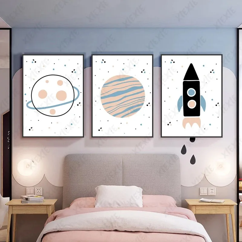

Planet Cartoon Poster Rocket Space Canvas Painting Childlike Wallpaper Funny Print Craft Nursery Kids Room Decoration Picture