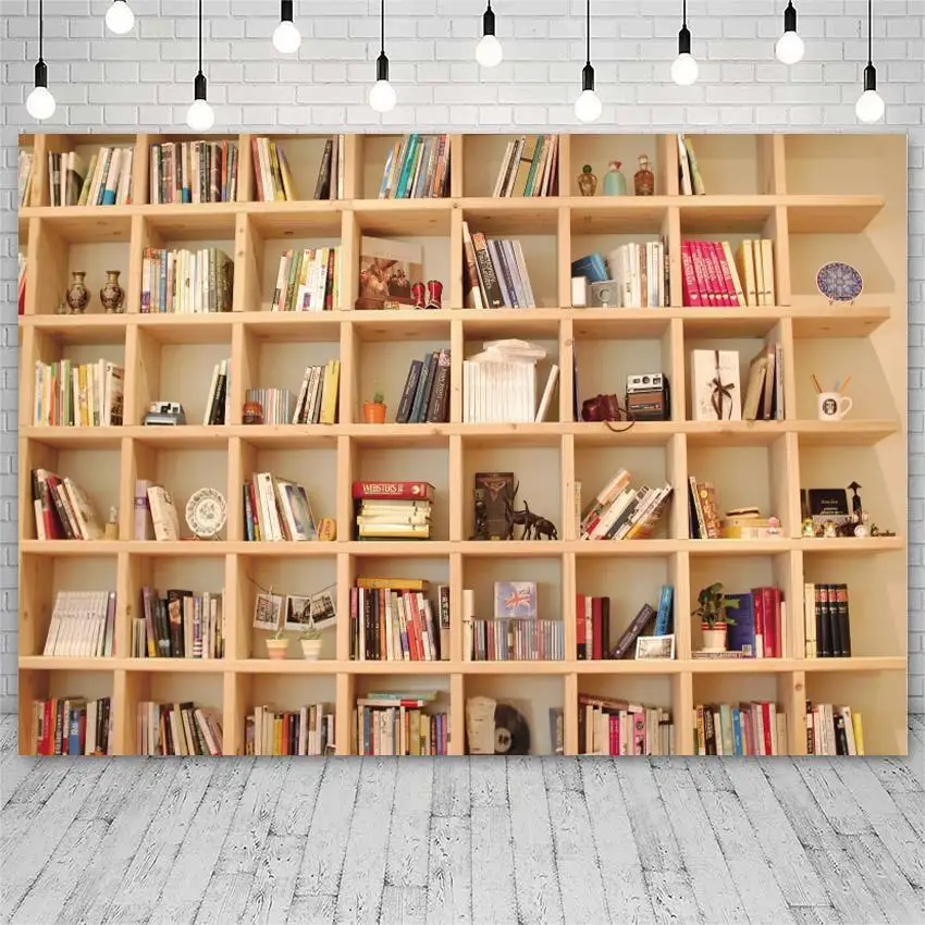 Фон для детской фотосъемки с изображением библиотеки деревянной книжной полки |