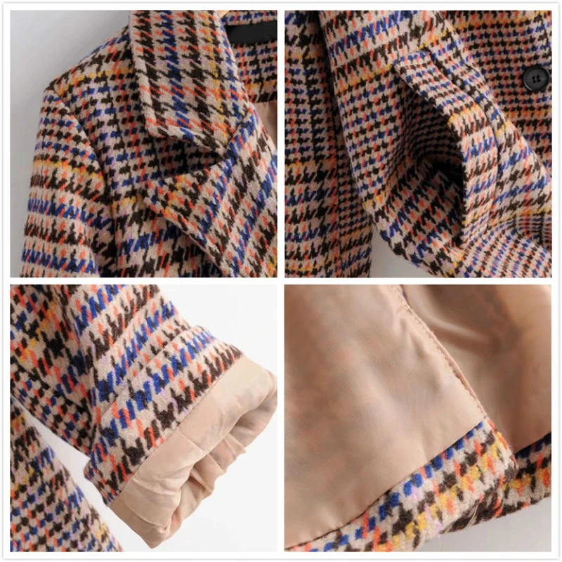 Женский твидовый пиджак в клетку Винтажный Длинный шерстяной с карманами теплая