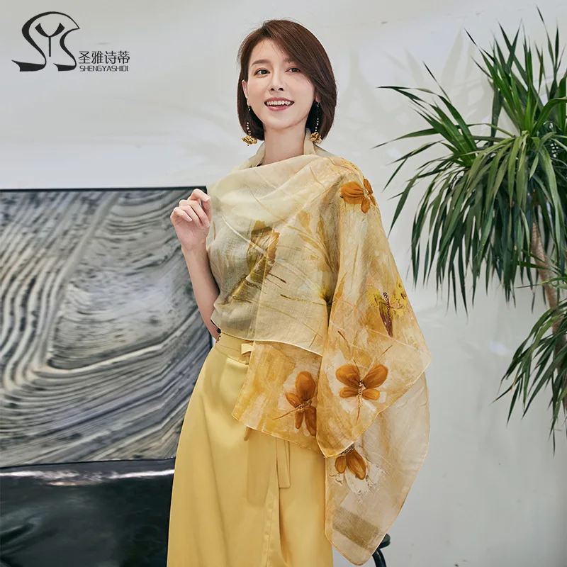 Осенний Шелковый шерстяной шарф с ручной вышивкой женский принтом 2020 |