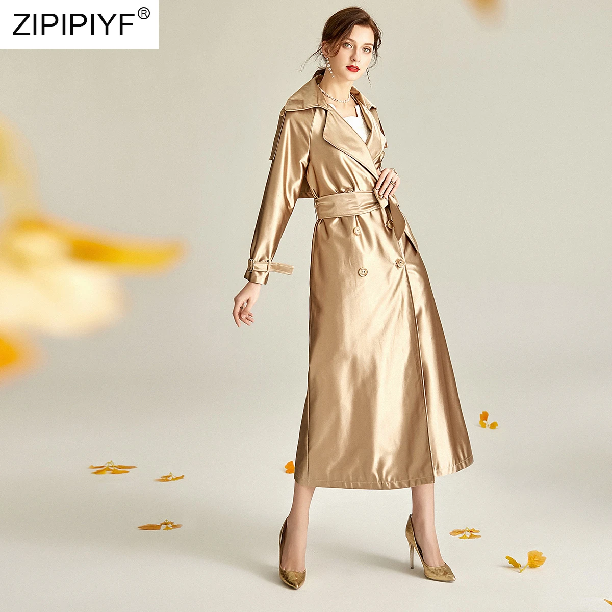 Двубортный тренчкот из ацетата и сатина с лацканами Осень-зима 2019 Новая модная