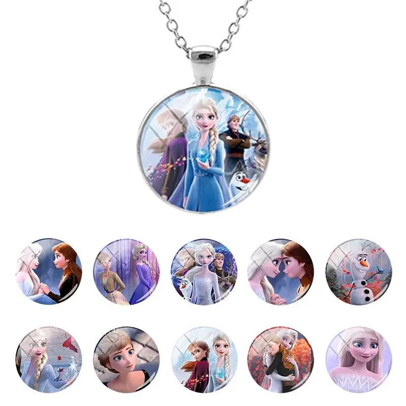 Disney Frozen Classic Princess Elsa Anna Snow Glass Dome Pendant Long Chain Necklace Kids Brithday Present Cabochon Jewelry BX01