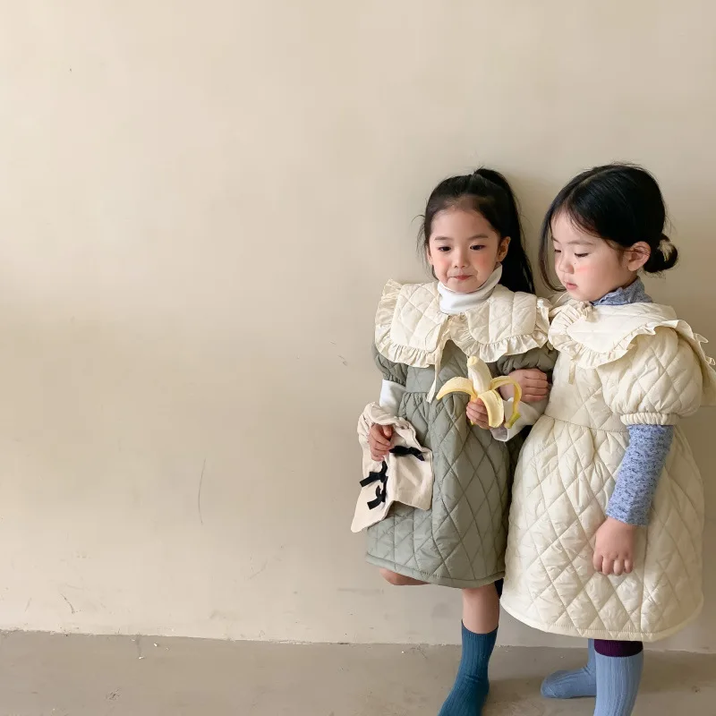 Girls Quilted Dress Autumn and Winter Clothes Solid Color New Children Doll Collar Padded Cotton Short Sleeve Princess Dresses | Детская