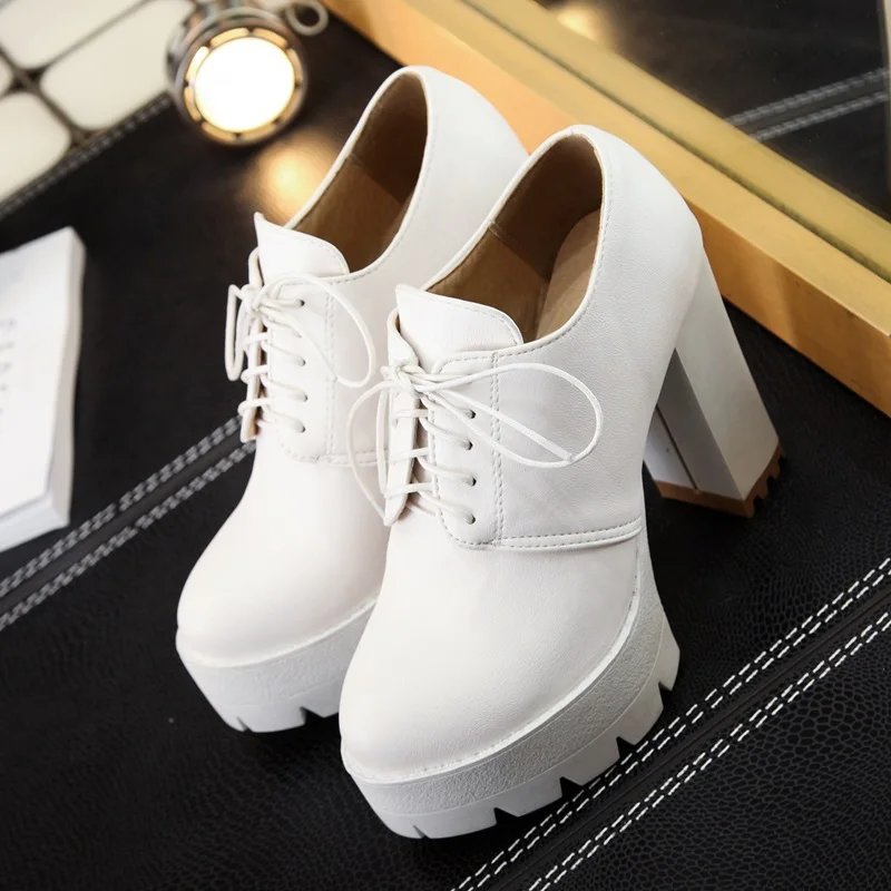 white EGONERY/туфли-лодочки на шнуровке на толстой платформе; сезон весна; обувь для офиса на очень высоком каблуке; удобная женская обувь для торжественных случаев - Цвет: white