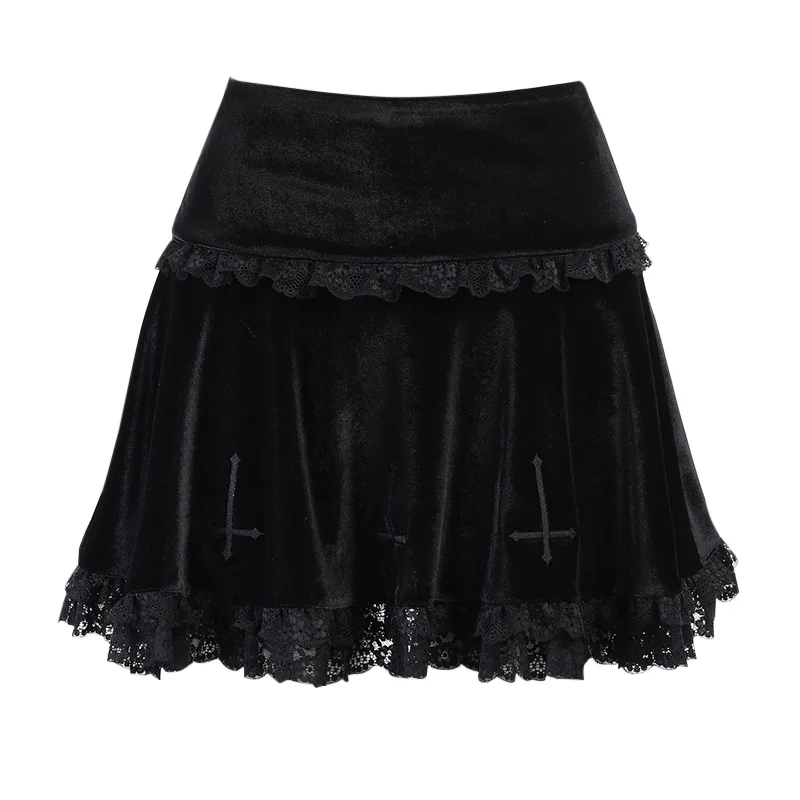 

InsGoth Goth Cross Black Skirt Vintage Lace Trim A Line Mini Skirt Gothic Grunge Y2K High Waist Ruffle Summer Skirt Women 2021