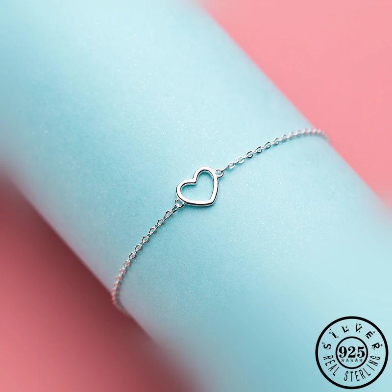 100% 925 стерлингового серебра Простые открытые сердце звено цепи браслет на руку
