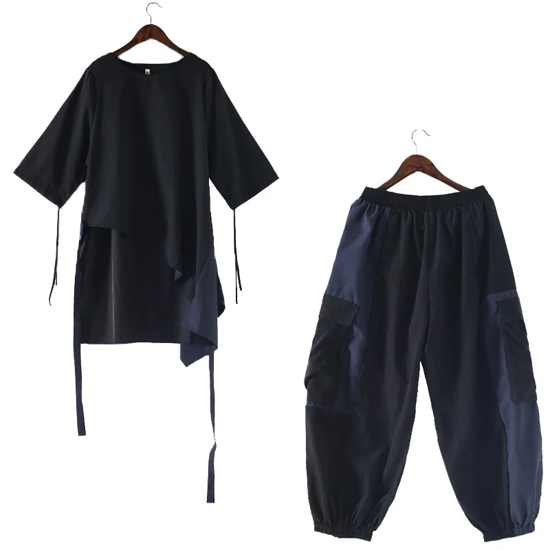 Blue Two-piece set Johnature, женские винтажные лоскутные Футболки с поясом, осень, новая мода, Необычные Свободные женские футболки, повседневные футболки - Цвет: Blue Two-piece set