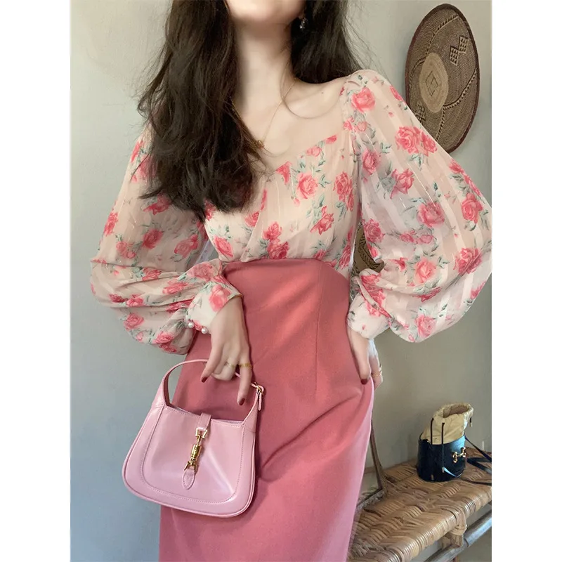 

2021 new fashion tea break French design feeling gentle wind temperament broken flower square collar dress spring and Autumn